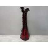 ANTIQUE CRANBERRY GLASS VASE WITH CLEAR GLASS CRIMPING 48CM