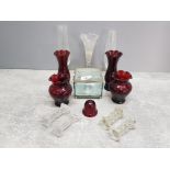 5 PIECES OF ROYAL RUBY BY ANCHOR HOCKING TOGETHER WITH 2 PAIRS OF CRYSTAL KNIFE RESTS AND VARIOUS