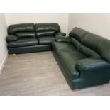 PAIR OF GREEN LEATHER TWO SEATER SOFAS