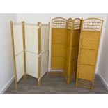 MODERN BEECH FRAMED 3 WAY FOLDING SCREEN TOGETHER WITH WICKER 4 WAY FOLDING SCREEN