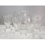 A SET OF HANDMADE LEMONADE PITCHER AND 6 GLASSES WITH POLISHED PONTIL