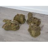 4 STONE GARDEN ORNAMENTS, 3 BUILDINGS AND 1 LIZARD