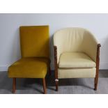 RETRO TEAK FRAMED UPHOLSTERED BEDROOM CHAIR TOGETHER WITH AN OAK FRAMED UPHOLSTERED TUB CHAIR