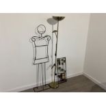 LARGE BRASS EFFECT 2 WAY FLOOR LAMP TOGETHER WITH METAL VALET STAND AND METAL WINE ADVERTISING