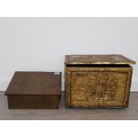 2 VINTAGE BRASS COAL BOXES FEATURING SHIPS