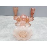 PINK ART DECO DRESSING TABLE SET PLUS OTHER PINK GLASSWARE