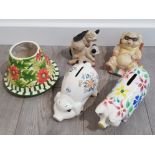 VINTAGE POTTERY ITEMS INCLUDING RARE YANKEE CANDLE HOLDER, ARTHUR WOOD PIGGY BANK WITH OTHER