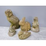 5 GARDEN STONEWARE ANIMALS INCLUDES FROG OWL RABBIT ETC