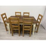 LARGE PAINTED PINE FARMHOUSE TABLE AND 6 WICKER SEATED FARMHOUSE CHAIRS, 92CM X 152CM