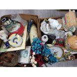 2 BOXES OF MISCELLANEOUS CHINA, GLASS AND ORNAMENTS ETC
