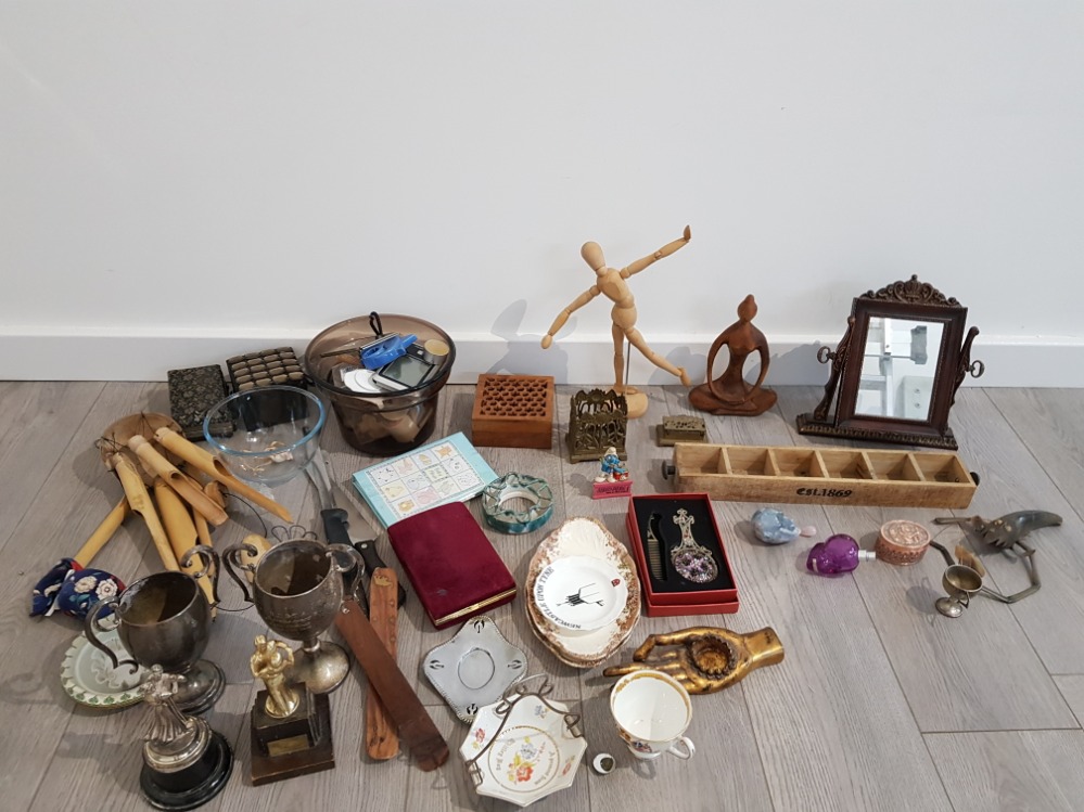 COLLECTION OF MIXED ITEMS INCLUDING BRASS LIDDED STAMP BOX AND BRASS PEN HOLDER, DANCING TROPHIES