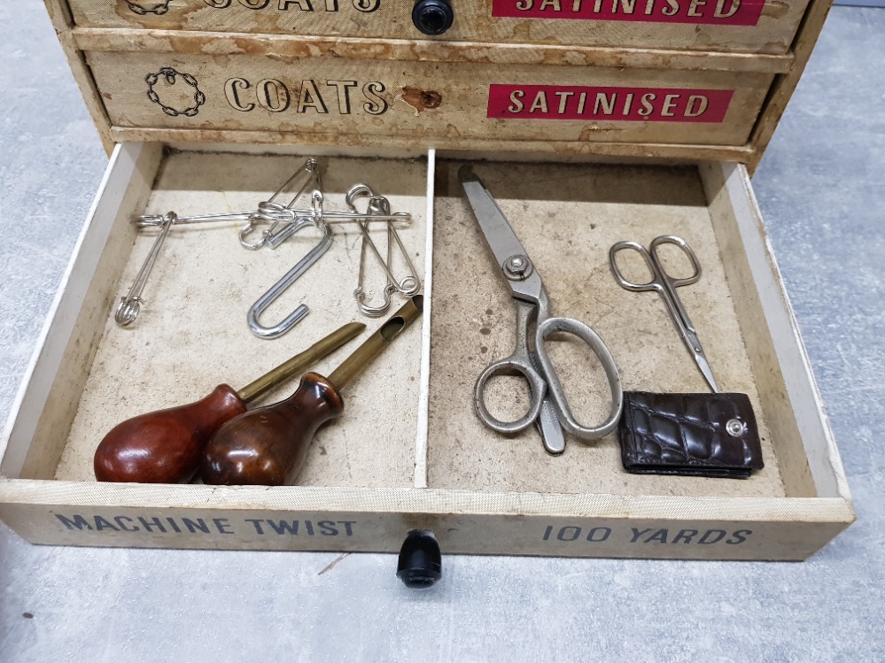 VINTAGE COATS SATINISED CHEST WITH CONTENTS SUCH AS OLD NEEDLES ETC - Image 3 of 3