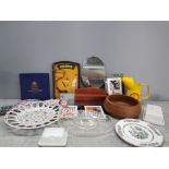 A BOX OF MISCELLANEOUS TO INCLUDE ROYAL WORCESTER CHRISTMAS PLATE 3 FRAMED MOVIE ADVERTISEMENTS A