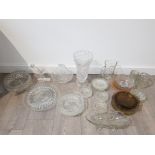 COLLECTION OF GLASSWARE INCLUDES PRESSED GLASS VASE WITH A ACID FINISH, FRUIT BOWL AND CANDLESTICK