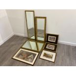 3 GILT FRAMED HALL MIRRORS AND FOUR FRAMED PRINTS