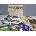 A COLLECTION OF OLD PICTURES POST CARDS NEWS PAPERS ETC PLUS REPRODUCTION BADGES
