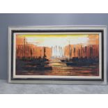OIL ON CANVAS OF SHIPS MOORED AGAINST A SETTING SUNSET 82.5CM BY 41CM