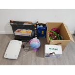 BOX OF MIXED ITEMS INCLUDING SEWING MACHINE, STAINLESS STEEL BUFFET SERVER, DOUBLE ACTION HAND