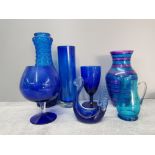 COLLECTION OF BLUE GLASS INCLUDES COBALT DRINKING GLASSES MURANO FLORAL VASE ETC