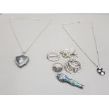 ANTIQUE SILVER JEWELLERY INCLUDES BROOCHES RING NECKLACE WITH MILLEFIORI PATTENRED PENDANT ETC 45.8G