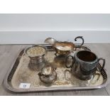 COLLECTION OF SILVER PLATED AND WHITE METAL ITEMS INCLUDES SERVING TRAY AND GRAVY BOAT ETC