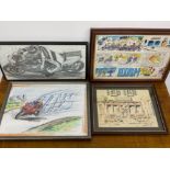 4 INTERESTING SIGNED DRAWINGS, 2 THEMED MOTOR GP