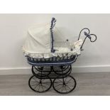 VINTAGE ATELIER EVELYN NEMMERT GERMAN WICKER DOLL PRAM CARRIAGE, WITH ORIGINAL TAGS, 74 X 77CM