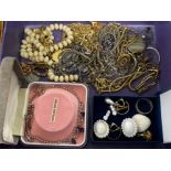 BOX OF MISCELLANEOUS COSTUME JEWELLERY INCLUDES SILVER RING, CZ EARRINGS, MULTIPLE CHAINS ETC