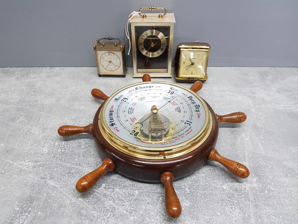 SHIP WHEEL BAROMETER TOGETHER WITH QUARTZ CLOCK CORAL TRAVEL ALARM CLOCK AND MIANUTRE BRASS ANDREW 4