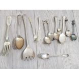 COLLECTION OF SILVER PLATED AND WHITE METAL SPOONS AND FORKS, ALSO TO INCLUDE ONE SILVER SPOON ETC