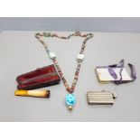 ETHNIC STYLE LONG NECKLACE WITH STONE AND POTTERY BEADS PLUS AMBER CHEROOT HOLDER MOTHER OF PEARL