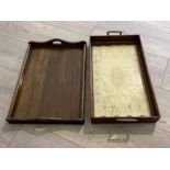 TWO WOODEN TWIN HANDLED TRAYS, ANTIQUE AND VINTAGE,