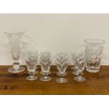 2 SETS 6 NICELY CUT LEADED CRYSTAL DRINKING GLASSES CHERRY & LIQUOR ALSO INCLUDES 2 CUT GLASS VASES