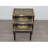 NEST OF 3 TABLES WITH GILT BORDERS AND ATLAS DECORATION 63 X 45 X 46 CM, 54 X 38 X 45 1/2 CM, 44 X