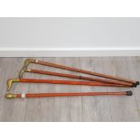 4 BRASS HANDLED WALKING STICKS INCLUDING DOG, DUCK AND COMPASS