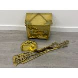 VINTAGE BRASS COAL BOX AND PART FIRE COMPANION SET, BOX MEASUREMENTS 38CM X 26CM X 33CM