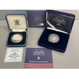 ROYAL MINT SILVER PROOF QUEEN MOTHER 90TH BIRTHDAY CROWN AND SILVER QUEEN MOTHER CENTENARY YEAR COIN