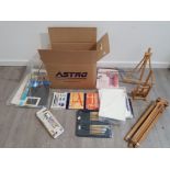 ARTISTS LOT INCLUDING EASEL, OIL PAINTS, BRUSH SET, PAPER AND SCETCH PAD WITH ART WORK