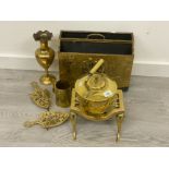 MIXED ANTIQUE PIECES INCLUDES KETTLE, MAGAZINE HOLDER, VASE, TRIVETS