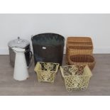 COLLECTION OF WICKER BASKETS, LARGE METAL TWIN HANDLED BUCKET, ENAMEL PITCHER AND COAL BUCKET ETC