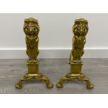 PAIR OF VICTORIAN BRASS LION FIRE DOGS, HEIGHT 44.5CM