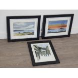 3 FRAMED OIL PAINTINGS, 2 OF SEA SIDE VIEWS SIGNED BY R.A LAINE PLUS 1 CITY SCENE