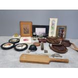 A BOX OF MISCELLANEOUS ITEMS TO INCLUDE CARVED CANDLESTICK ONYX TABLE LIGHTER SMALL BRASS FRAMED