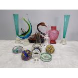 GOOD JOB LOT OF GLASS AND CRYSTAL WITH HAND MADE AMBER DAR-ES-SALAAM LARGE SWAN VARIOUS PAPERWEIGHTS