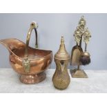 ANTIQUE COPPER AND BRASS COAL SCUTTLE WITH PORCELAIN HANDLE TOGETHER WITH BRASS FIRE COMPANION SET