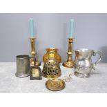 MISCELLANEOUS ITEMS INCLUDES BRASS CANDLE STICKS PEWTER TANKARDS SILVER PLATED PICTURE FRAME ETC