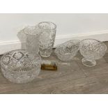 6 crystal glass items mainly large vases and centre bowls plus a glass ship in a bottle fragala