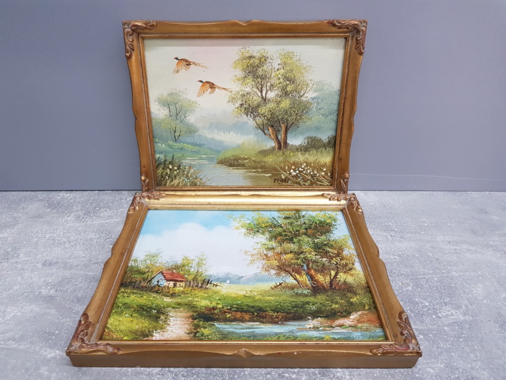 2 oils on board includes pheasants in flight over a moorland stream signed edgar 24cm by 29cm