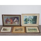 5 framed items including a framed print of 3 horses and 4 scenic oil paintings etc