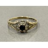 9ct gold sapphire and white stone flower cluster ring size L